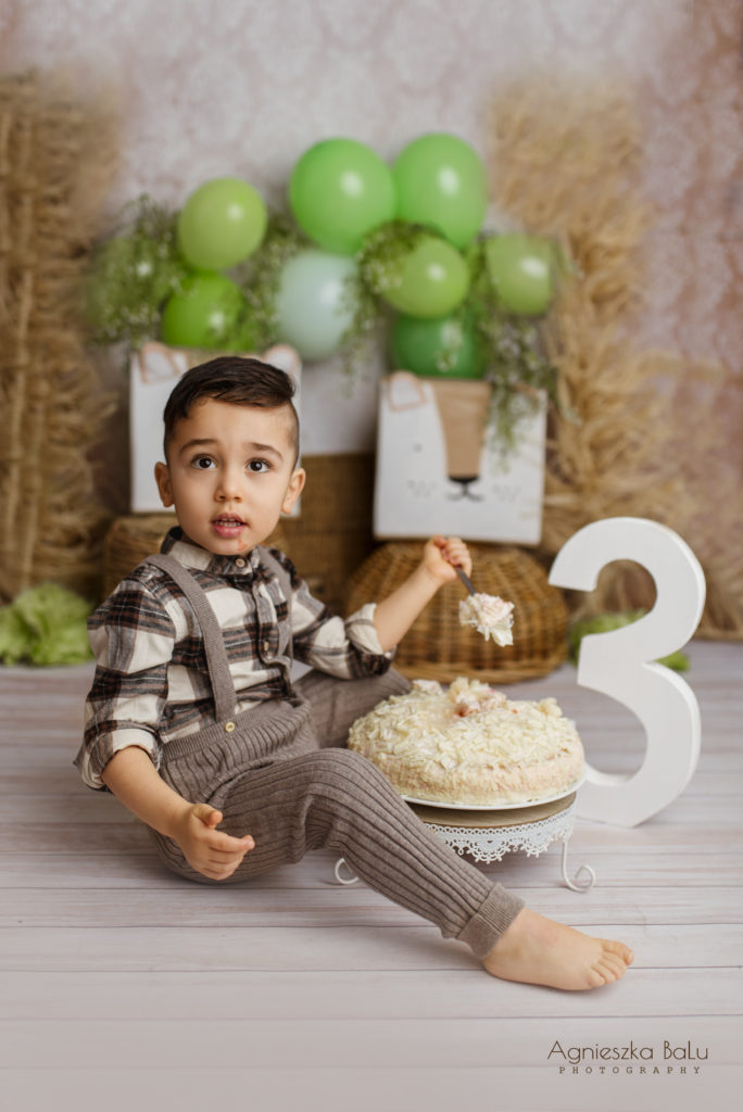 Der Junge feiert dritte Geburtstag. Viele grüne Balloons, Ziffer drei und die Löwen sind im Hintergrund zu sehen.