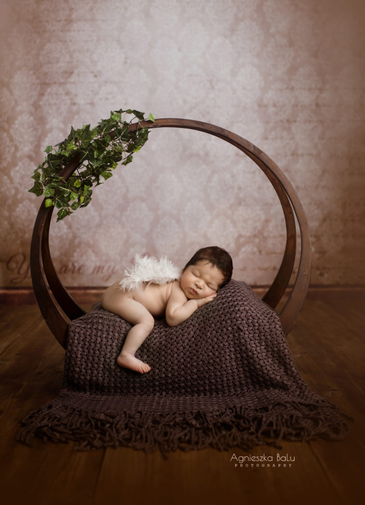 Das Neugeborenenbaby liegt auf dem runden Schaukeln. Das Kind hat Angelsfügel auf dem Rücken. Die Decke ist braun, genau wie der Hintergrund und der Boden. Die wunderschönes Portrait von dem Neugeborenen in den neutralen Farben.